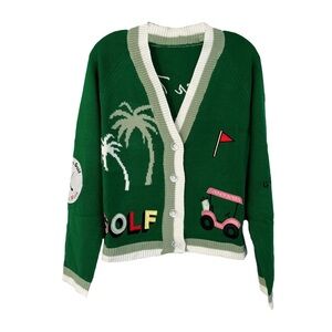 Fate Green Golf Graphic Cardigan with Cream Trim